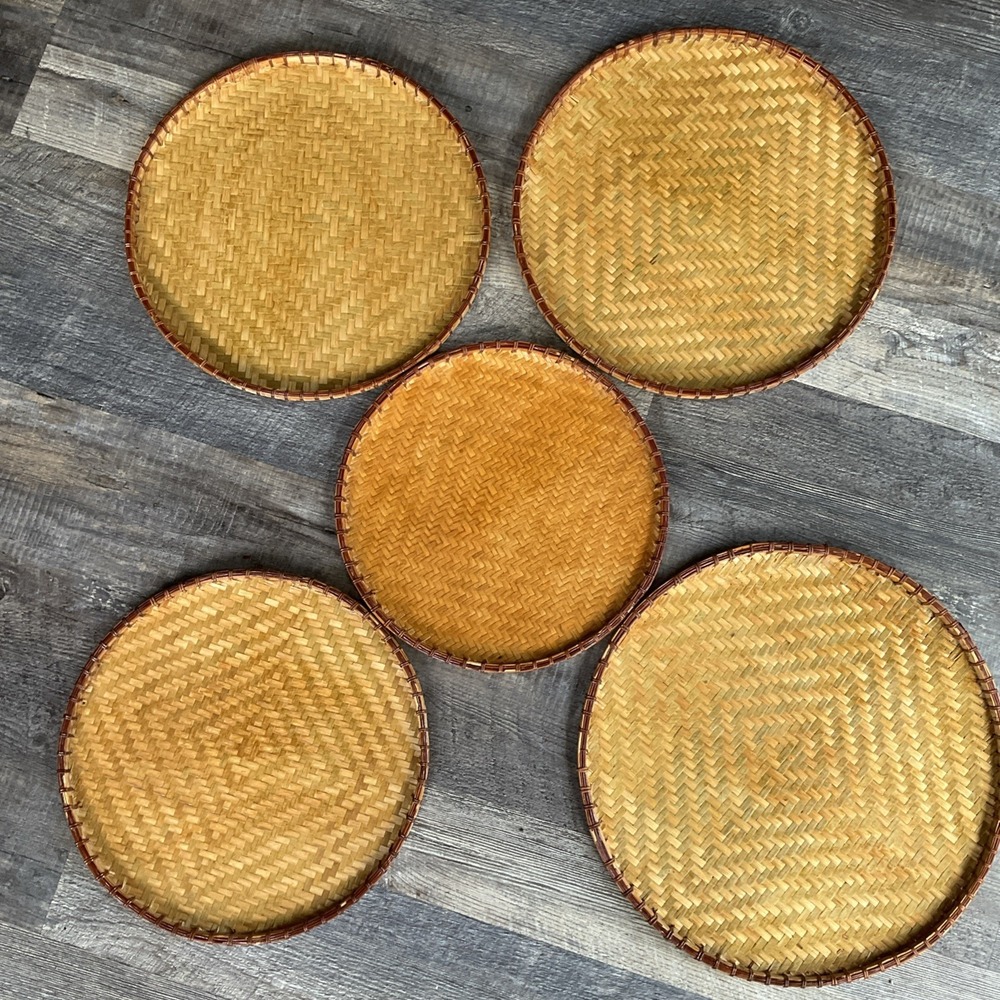 Rattan 5 Piece nesting Asian Food Rice Tray plates Traditional Wicker Serving - Picture 2 of 16